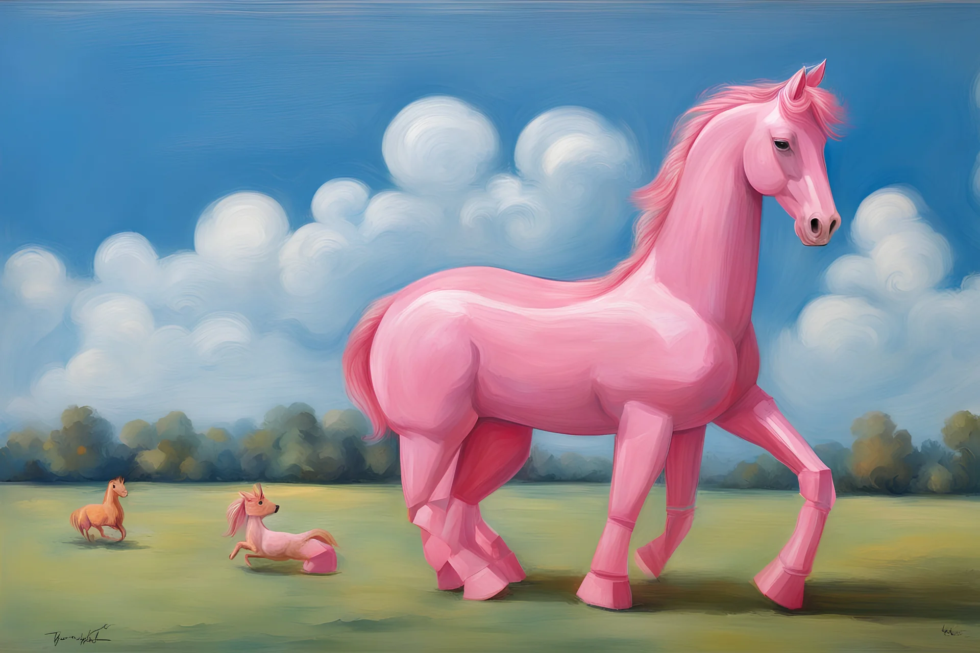 Big pink plastic toy horse.19th painting