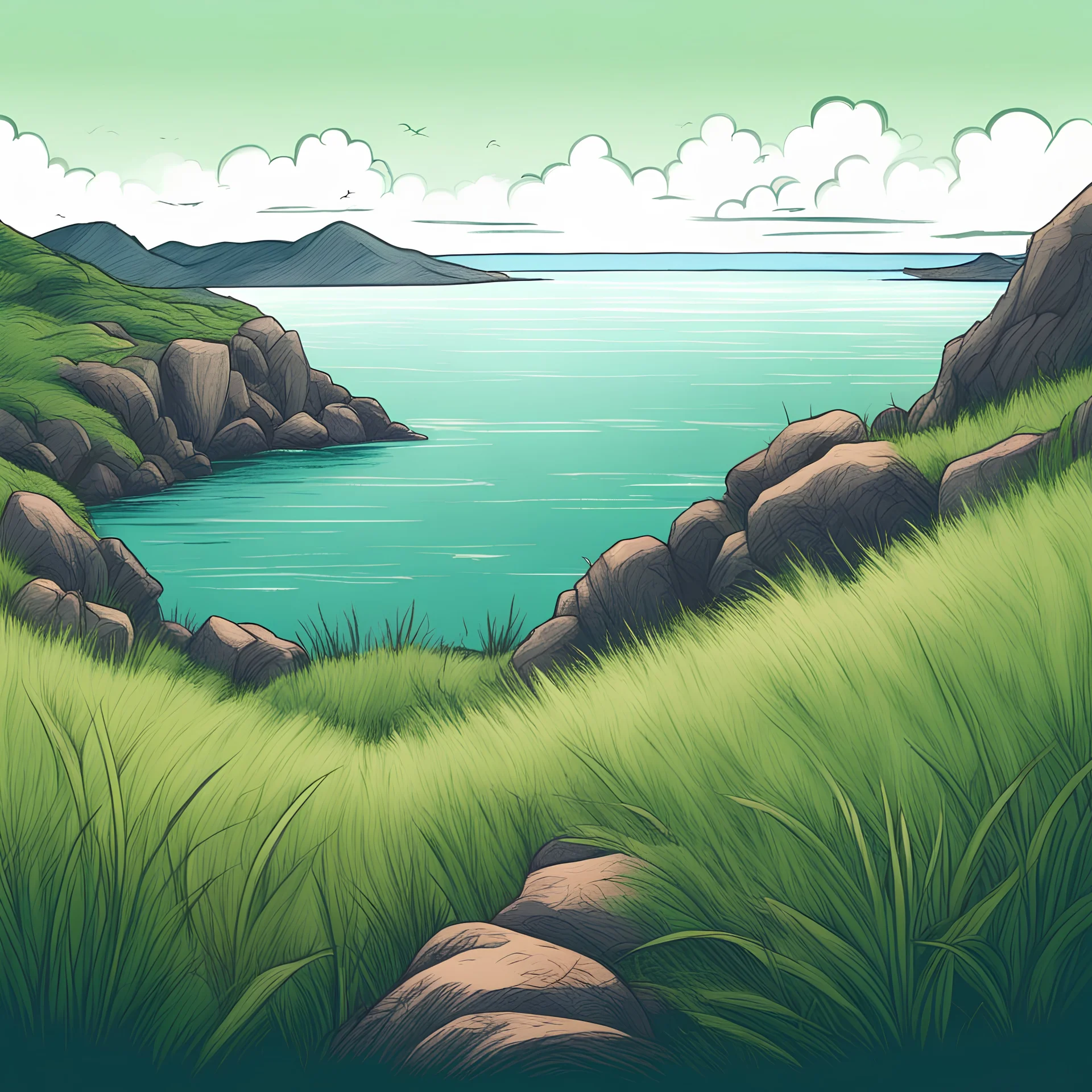 Green grass on the edge of the mountain overlooking the sea hand-drawn illustration style , colorful