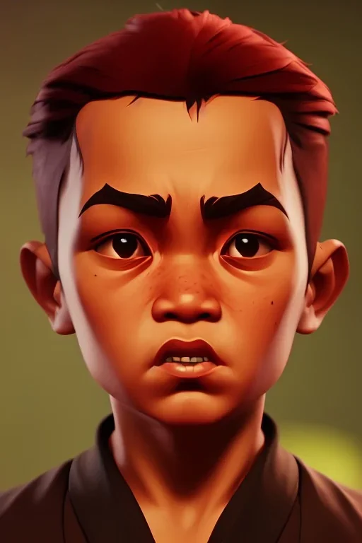 Portrait of a Baby Bruce lee ,rust, blender 3d , textured, beautiful perfect angry baby face, soft factions, highly detailed By Disney