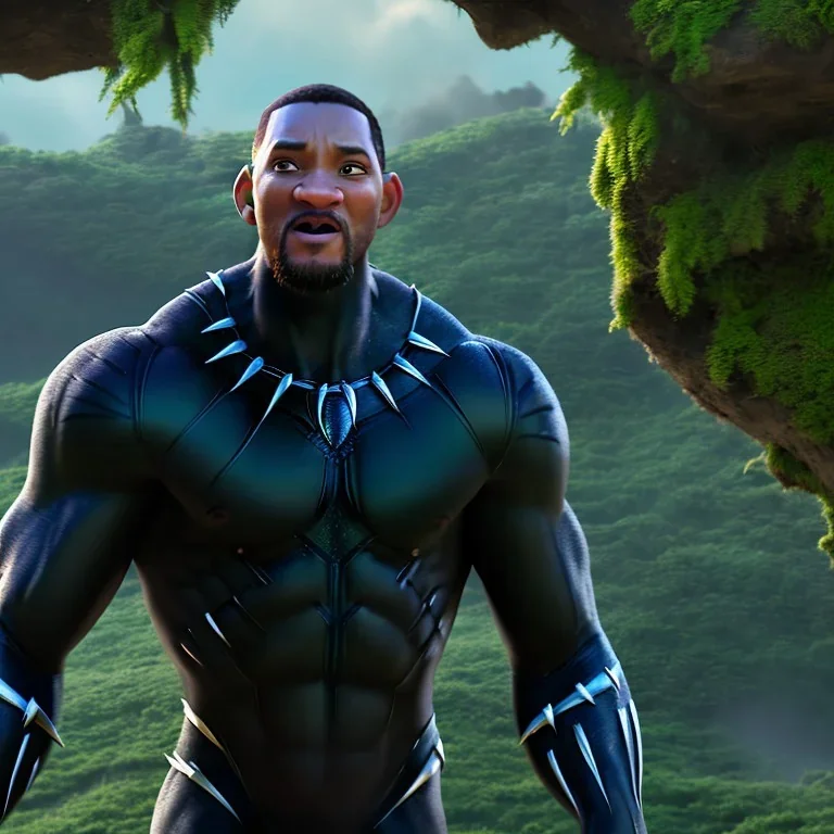 portrait, will smith in black panther suit, intense stare, dark forest, dynamic lighting, 8k, ultra detailed