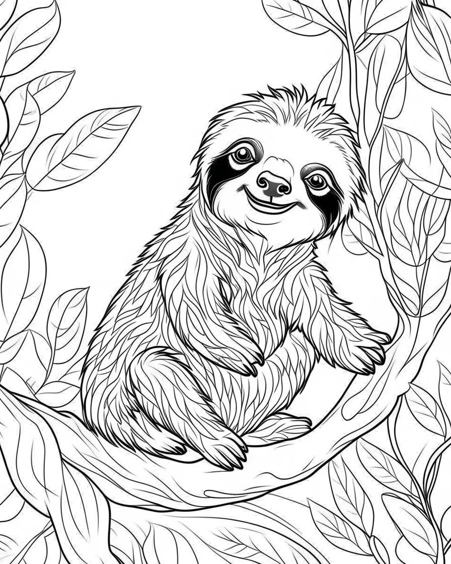 create a 2d black outline, "safari smiling cartoon sloth on a branch coloring book for kids", coloring page, low details design, black contour, coloring page design, simple background, colorful , card style, coloring page for kids, white background, sketch style, safari landscape, cartoon style