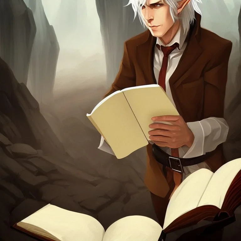 portrait of one calm elf with white hair in brown suit reading a legendary book, fantasy character, somber, gloomy lighting, epic perspective, trending on artstation