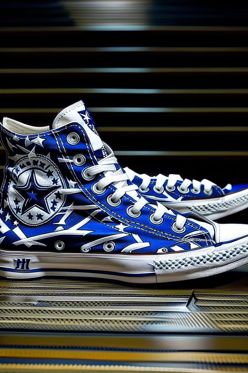 A converse sneaker, covered in Dallas cowboys theme