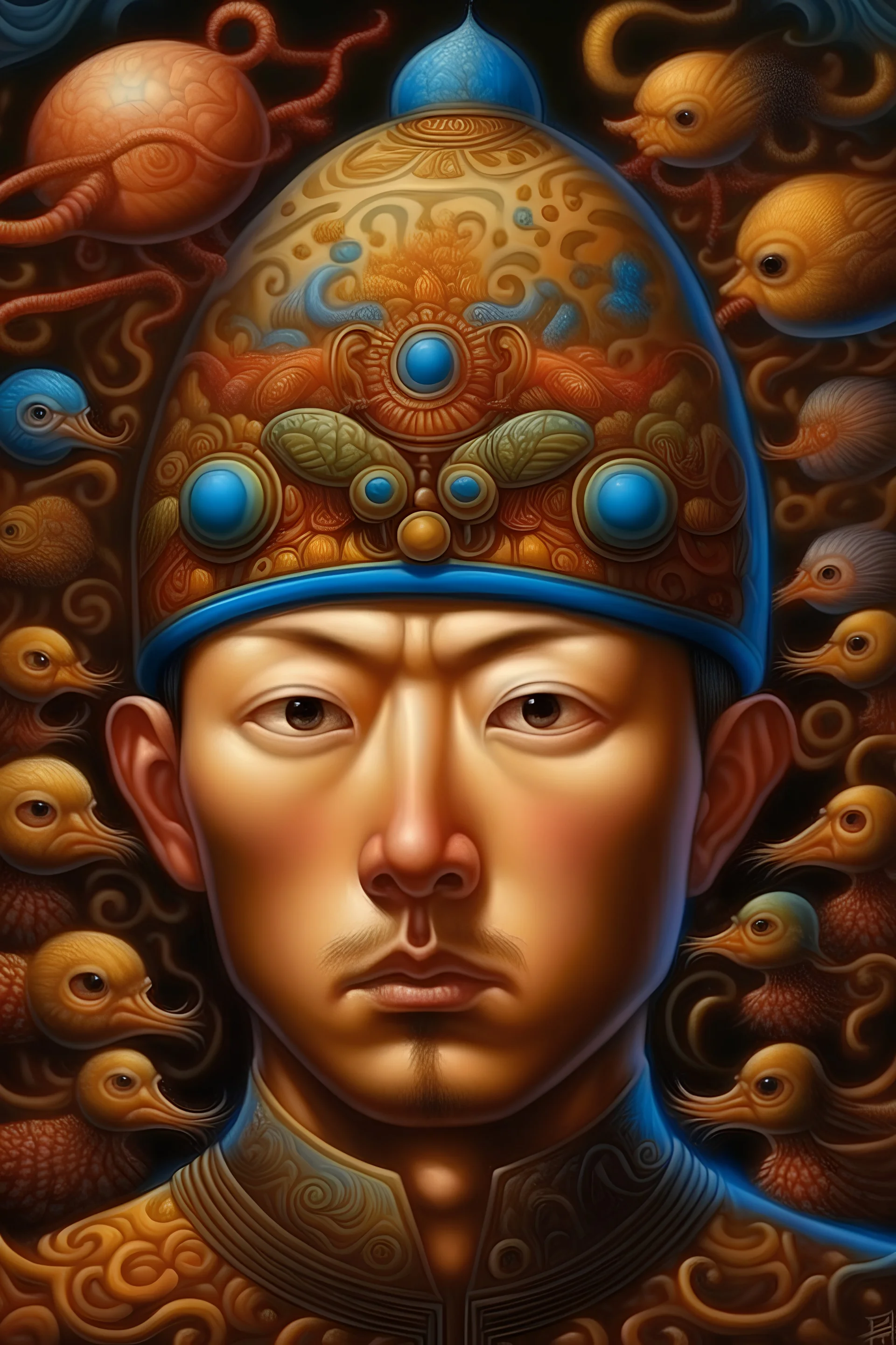 a painting of a man with many different asia faces style Naoto Hattori ,fusion style ,many details , the nostalgia critic portrait, body horror, biopunk, creative design, oil on canvas, zdzisław beksinski, marco mazzoni, peter gric