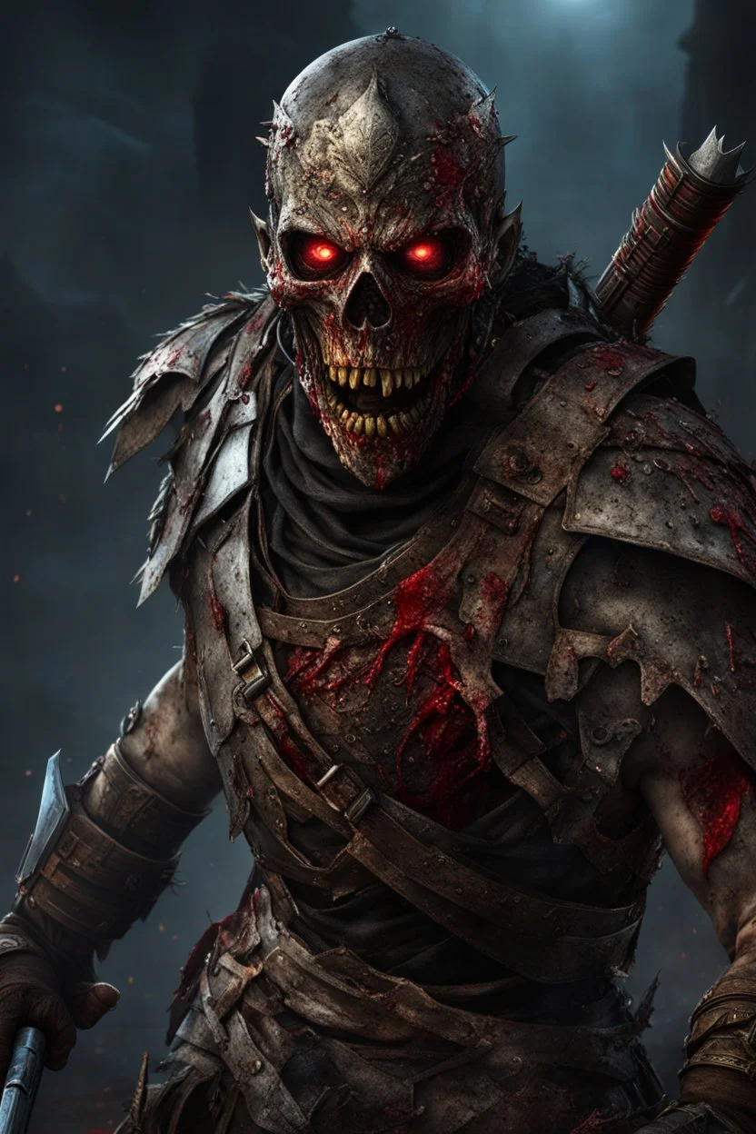 a rotting zombie attacking. empty eyes. armor melted into the skin. blood.. broken bones. bleeding eyes. broken fangs. broken jaws. broken armor. gloves.intense horror. blind terror. scared to death. no weapons. no helmet. a masterpiece, fantasy concept art, dynamic lighting, hyperdetailed, intricately detailed, deep color, Unreal Engine, volumetric lighting, Epic cinematic brilliant stunning intricate meticulously detailed dramatic atmospheric maximalist digital matte paintin