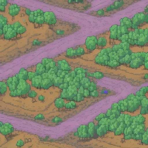 dirt road in the middle of a forest and round same size trees topdown view of a pixel art pokemon style gameboy