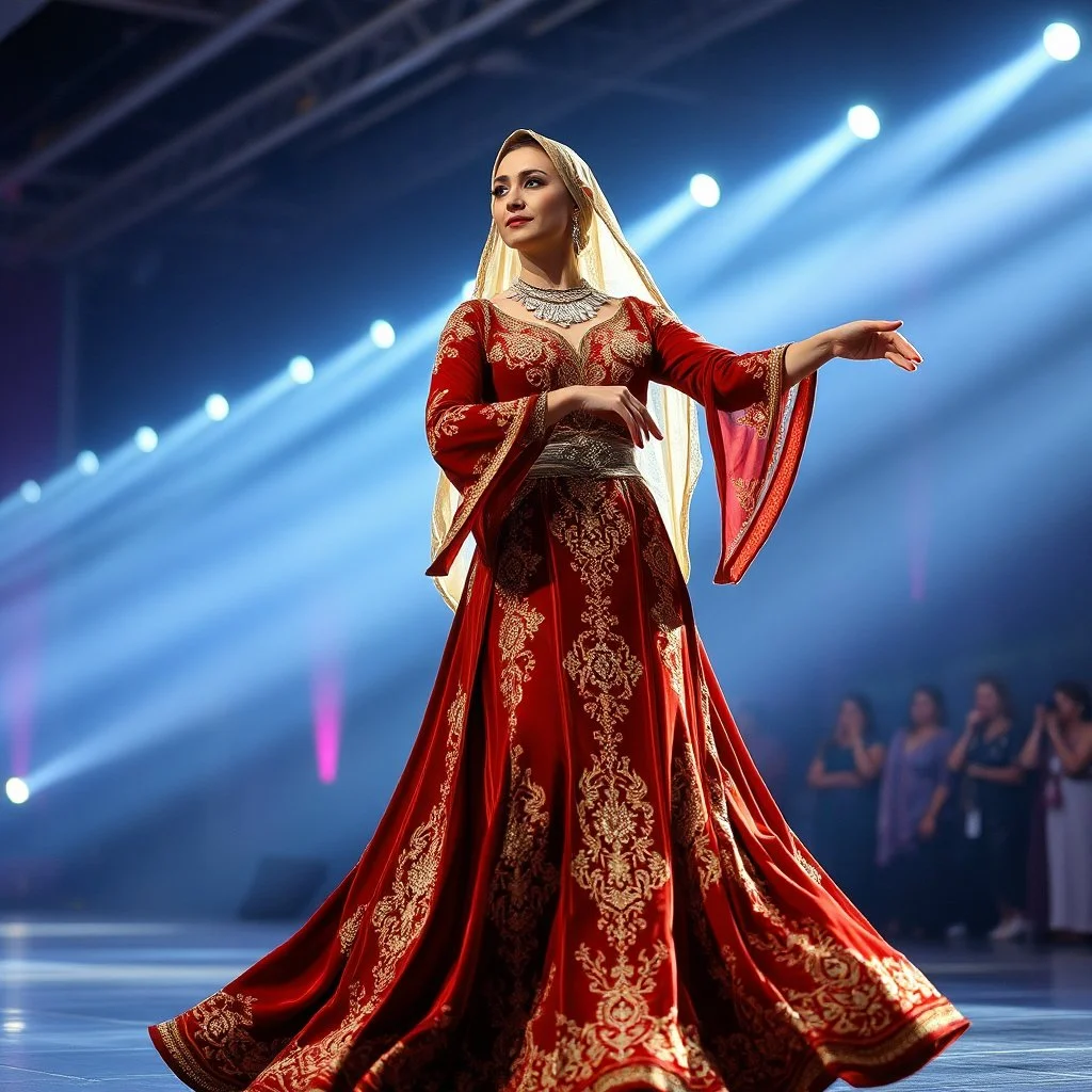 single women in elegant, long, flowing dress (possibly Azeri don or similar styled), made from rich fabrics like velvet or silk, adorned with intricate gold or silver embroidery, particularly on the bodice and sleeves. she wear delicate, often lace headscarves (kelaghayi) covering their hair, and traditional Azerbaijani jewelry (layered necklaces, large earrings, intricate wsilver belts with coin motifs). with dance shoes ,with dance shoes,at a huge modern stage with dynamic animating lights The