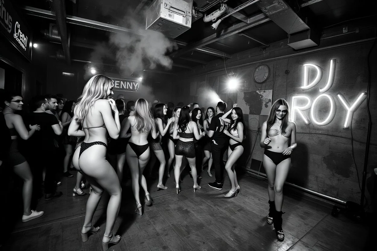 dans golv på en nedsliten sunkig techno club, många personer som dansar, yppiga lättklädda kvinnor, scen rök och ljus strobes, svartvit bild, en del personer ser in i kameran och skriker: "Benny!" och en Neon Skylt med texten "DJ ROY" på väggen