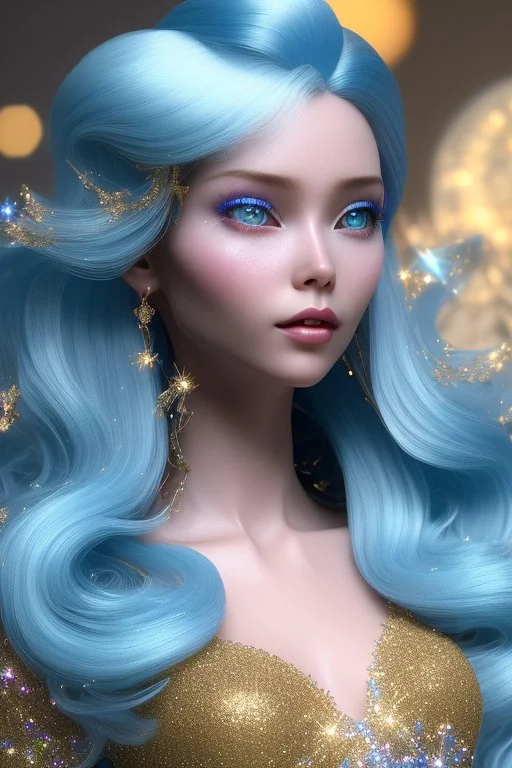 woman glitter blue fairy in a galactic ambiance, long blue hair, detailed gorgeous smile, delicate colors in the foreground, full of details, smooth, light effect，vaporwave colorful, smooth, extremely sharp detail, finely tuned detail, ultra high definition, 8 k, unreal engine 5, ultra sharpBeautyful smiling young woman, long hair amazing blue eyes, flowers, happy cosmic, bright colors, blue, pink, gold, jewels, realistic, photo real, clear sunny background, highly detailed, high contrast, 8k 