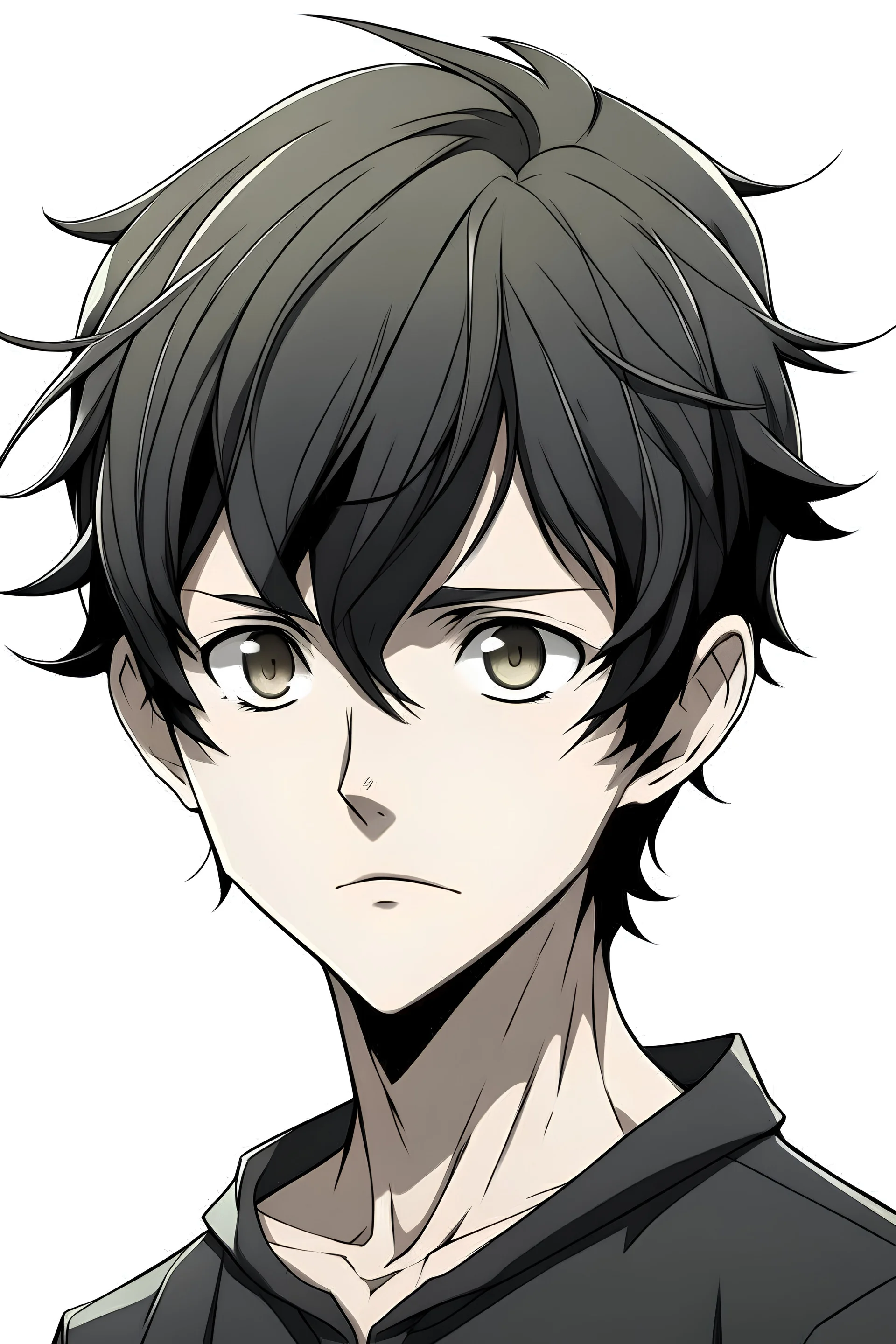 black anime male, teenager, black eyes, short black hair, nervous face, black shirt