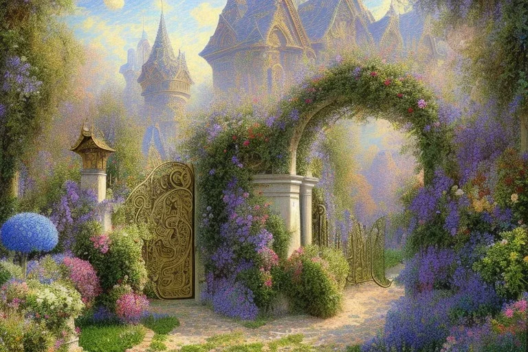 intricate ornate gate, garden, path, flowers, fine detail, high quality, Post-Impressionism, mystical, neo-dada