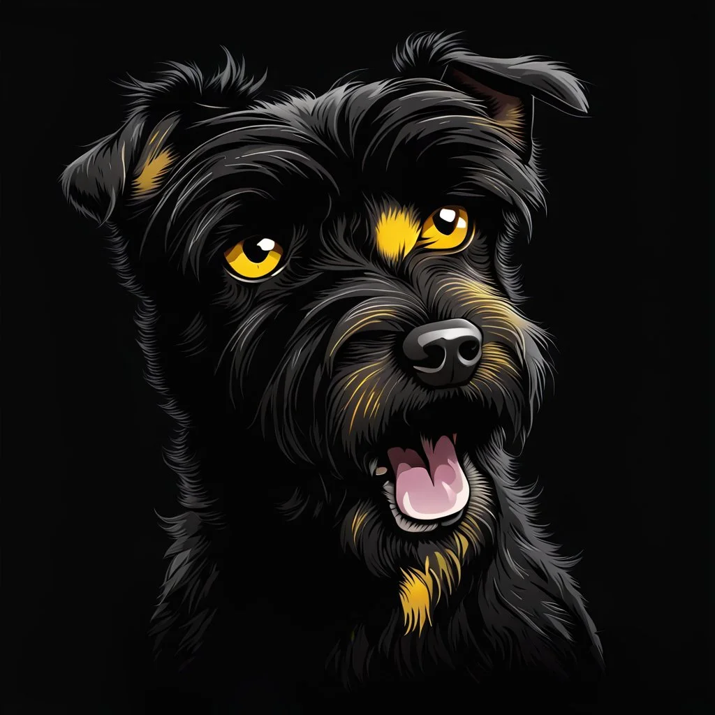 an angry scruffy black terrier on black background, yellow eyes, illustration