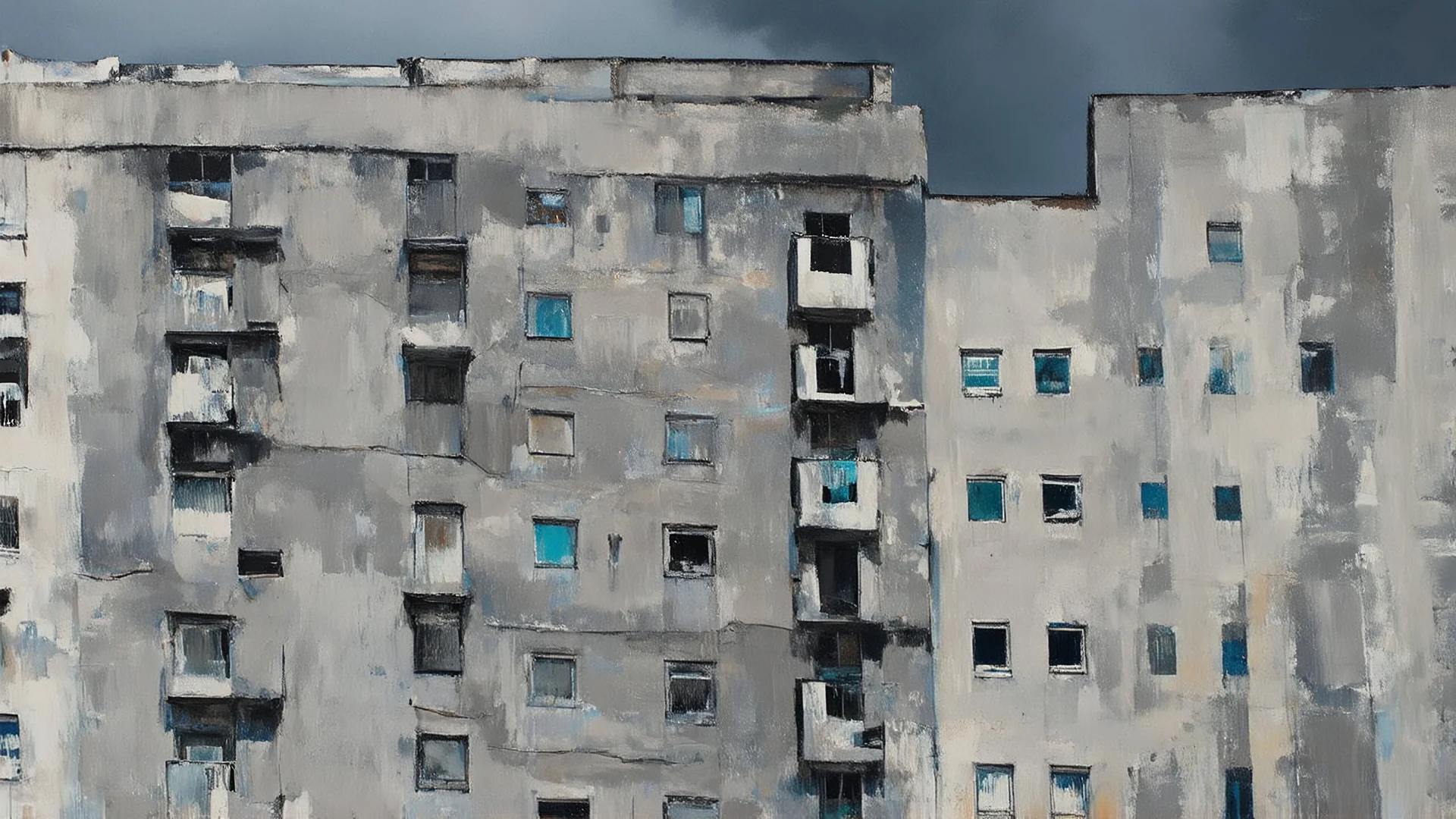 An old, multi-story apartment building with gray walls and numerous windows. The sky in the background appears to be cloudy and dark, creating a moody and atmospheric setting, creative, detailed brush stroke, minimal spalsh