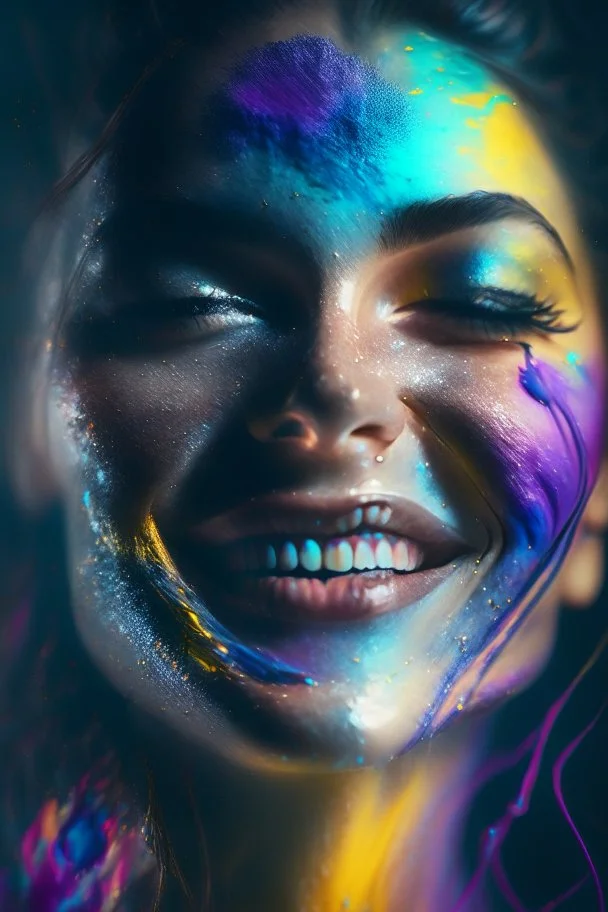 ultra detailed artistic abstract photography of a beautiful smiling woman, midnight aura, night sky, detailed gorgeous face, extremely detailed eyes, soft liquid rainbow smoke, dreamy, glowing, backlit, glamour, glimmer, shadows, oil on canvas, brush strokes, smooth, ultra high definition, 8k, unreal engine 5, ultra sharp focus, art by alberto seveso, artgerm, loish, sf, intricate artwork masterpiece, ominous, matte painting movie poster, golden ratio,trending on cgsociety, intrica