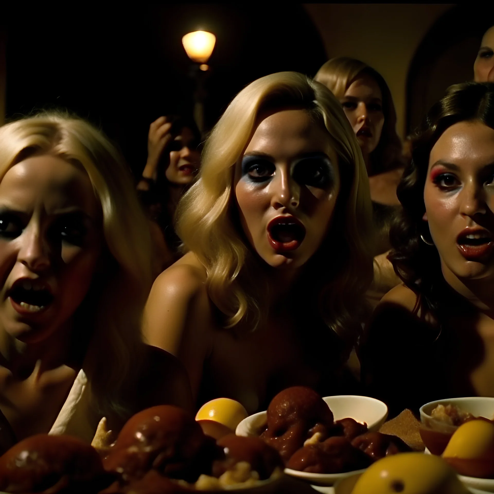 Horror movie shot, hot, ultra realistic, dine, horns, ultra chaos, realistic hot blonde women, party, pieces of meat, organs, hot dynamic, very excited people, hypermaximalist figures, light, 1970's Italian horror movie, sinister,, Dario Argento, Stanley Kubrik, ornate, 4k, photorealism