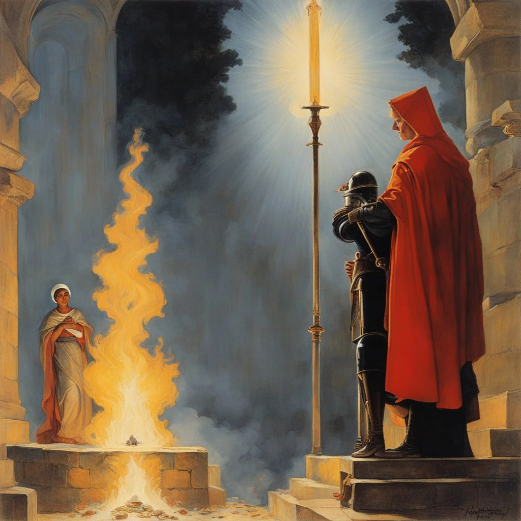 [art by Norman Rockwell] With newfound determination burning in his eyes, Roupinho stepped back, his gaze lingering on the statue of the Black Madonna. Leaving the grotto, Roupinho emerged into the world, his heart aflame with the divine spark that had been ignited within him. And so, the knight set forth on his sacred quest, his destiny intertwined with the miraculous presence of the Black Madonna of Nazaré. The echoes of his pledge reverberated through the hallowed halls of his soul, ignitin