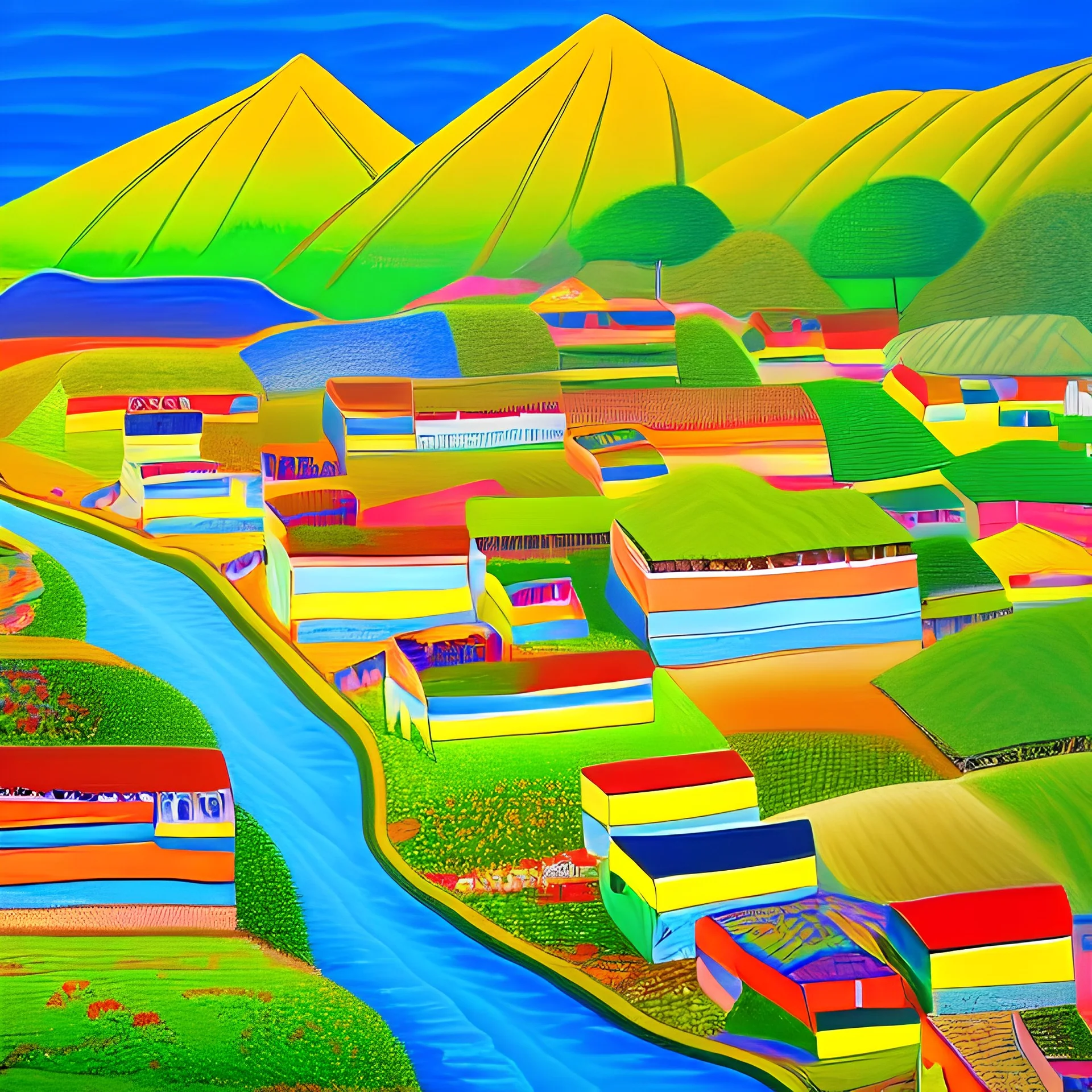 an ultradetailed painting of a peruvian village, golden ratio, 4 k resolution, 8 k resolution, oil on canvas, landscape with Bright Colors, pop art