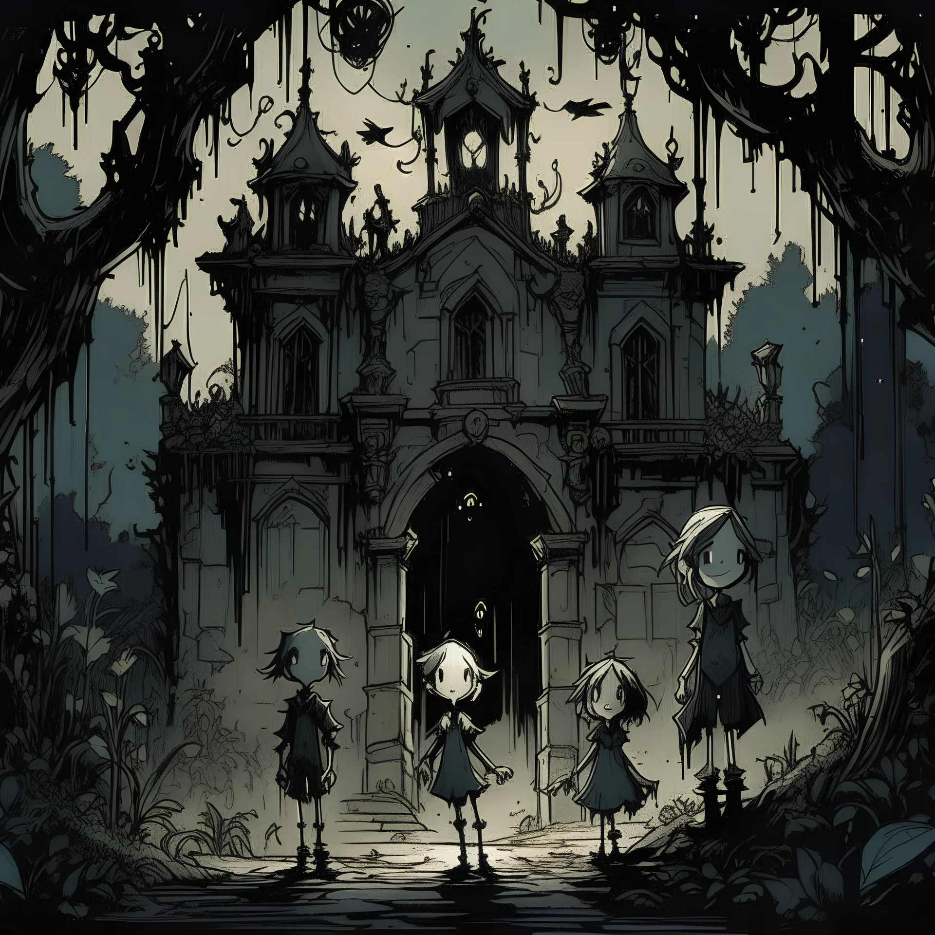 disney art Comic , n the eerie moonlight, the old, abandoned manor stands tall, its crumbling facade shrouded in mystery. A group of friends, armed with flashlights and courage, cautiously enter the dusty halls, their faces a mix of excitement and trepidation. Shadows dance ominously as they explore the dimly lit rooms, encountering strange occurrences at every turn. Objects levitate mysteriously, and whispers echo through the corridors, sending shivers down their spines.