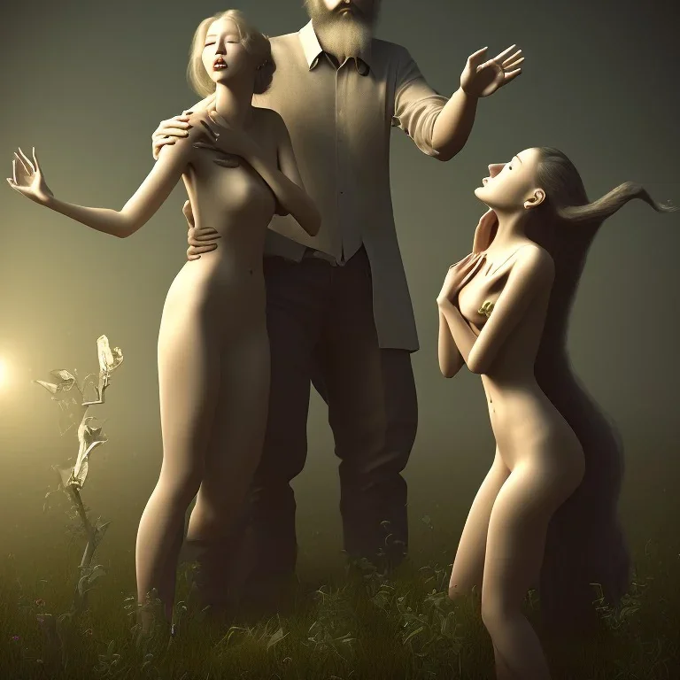 Une Jolie Femme pleure devant une tombe. Fantôme homme barbu met main sur épaule femme