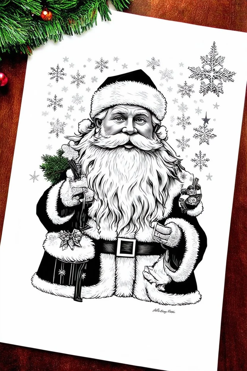 coloring page of a Christmas drawing, A4, white background, black and white, magical style, dreamy, detailed drawing, christmas magic santa