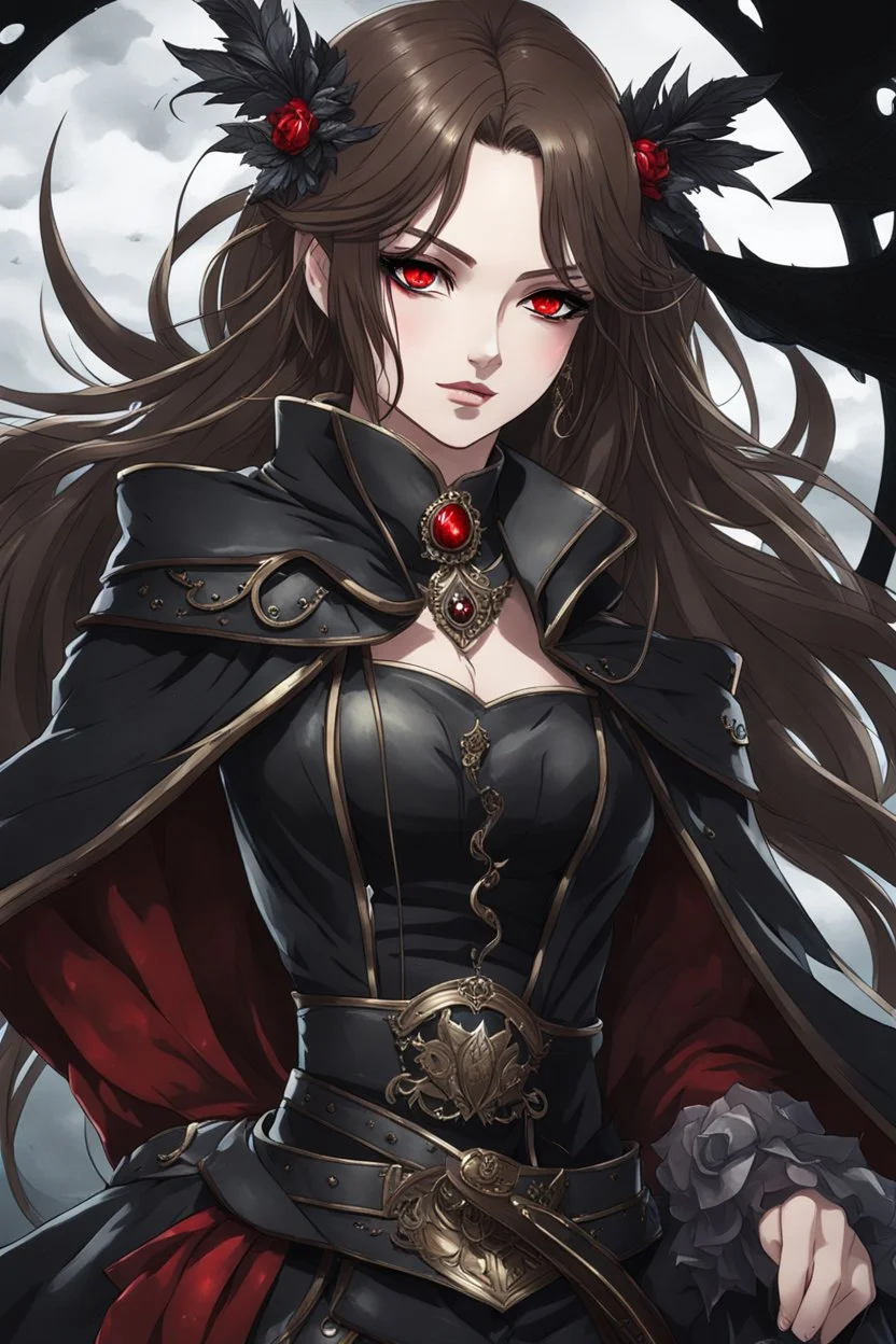 An arrogant looking young woman with pale skin and long brown hair in a stormy dark fantasy setting with intricate details. She is smirking, wearing black and read leather, has red eyes, an air of malevolent power surrounds her. Anime style. High definition.