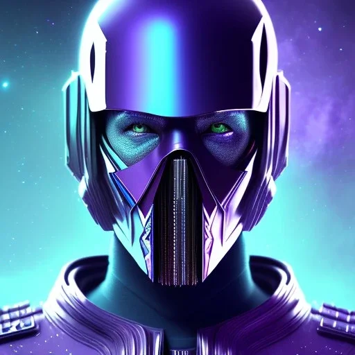 portrait of purple masked villain in galaxy, futuristic, teal and purple smoke, full portrait, hyper realistic, 4k, detailed