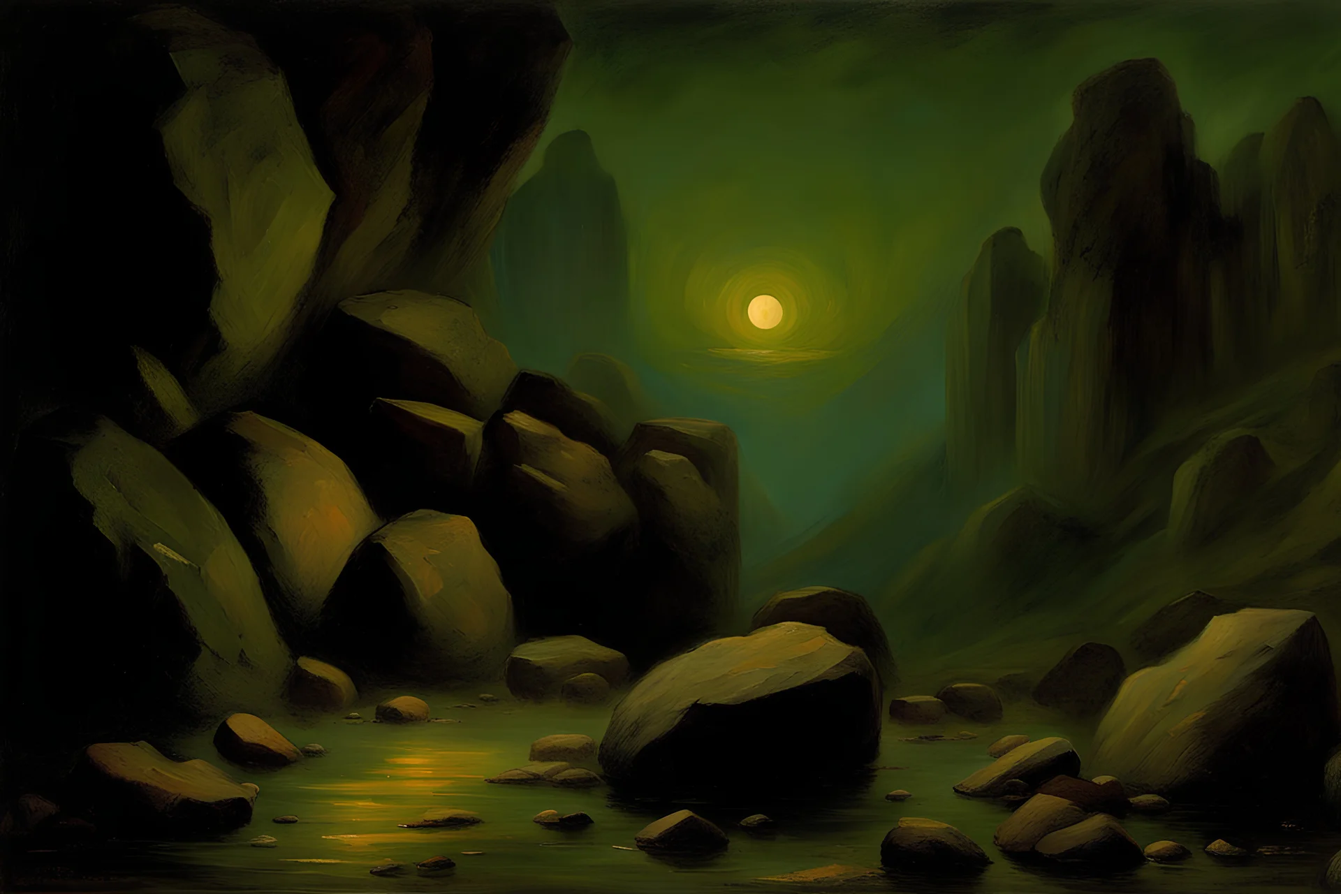 Night, rocks, valley, mountains, friedrich eckenfelder impressionism paintings