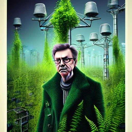 portrait of mad scientist in coat ,cell towers overgrown with plants, spray paint art, movie poster