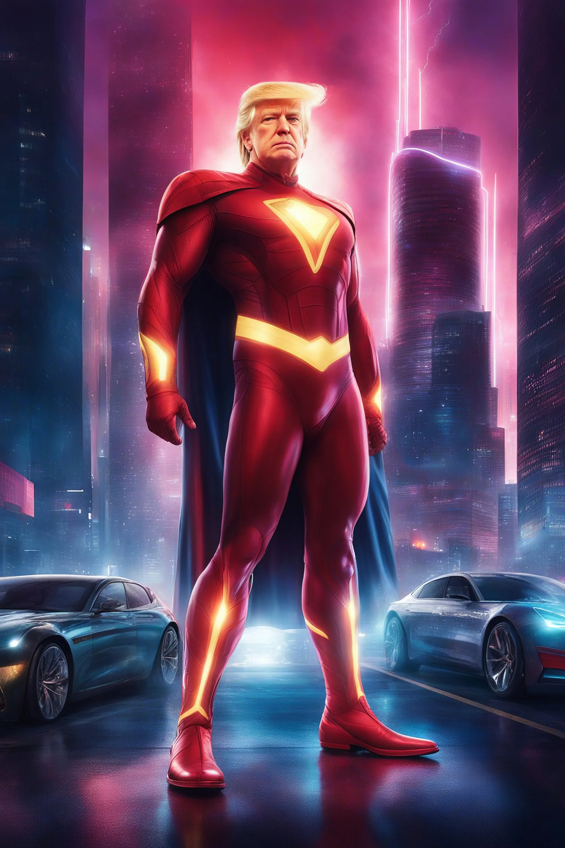 Donald Trump as 'Maga Man,' Extremely Muscular, Skintight, formfitting, crimson suit, blue cape, silver boots, Multicolored vortex, neon lit futuristic cityscape, mist, fog, speed, extremely overexaggerated musculature, "MAGA MAN"