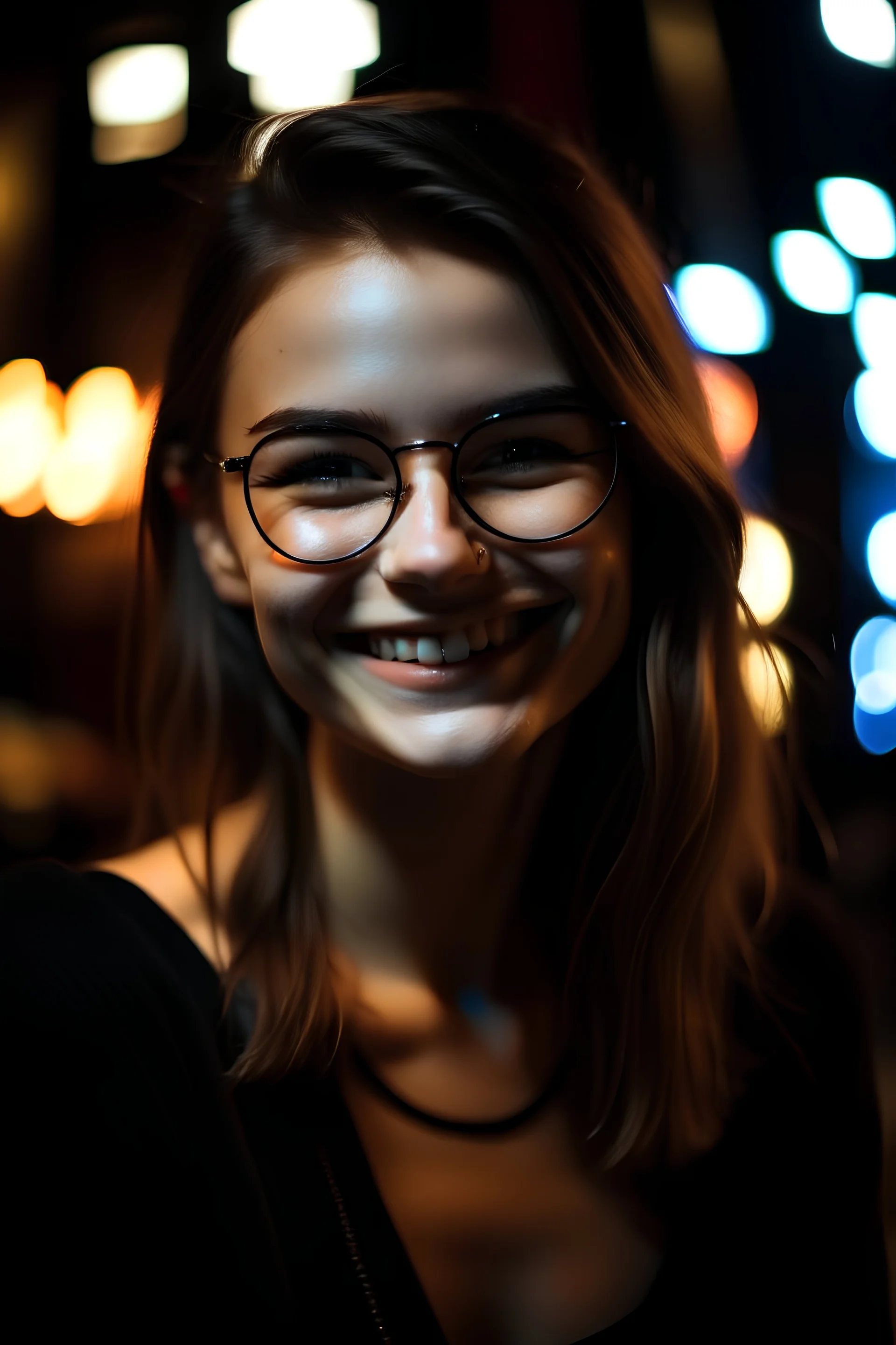 beautiful girl wearing black glasses and smiling in the night club