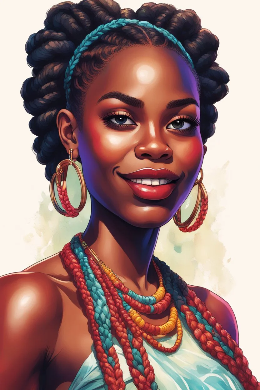 A vibrant digital illustration of a carribean woman with a confident yet playful expression. She is making a gesture by a raised brow. highly detailed two large cornrows. Her large hoop earrings are clearly visible, adding to the bold and expressive character of the artwork. with soft lighting accentuating the details of her face.", ink wash