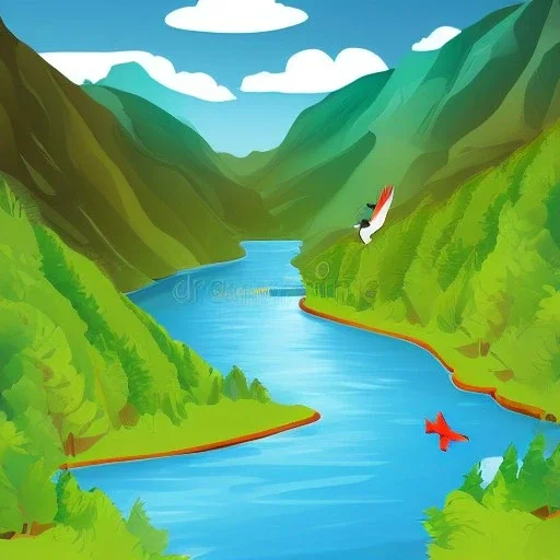 Nature, hills, river, trees, birds flying over mountain,illustration.