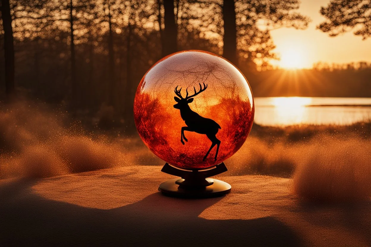 a globe made of glowing orange-red salt material covered in gold lace, about 60% of which is visible, with a glowing light inside, double exposure, in the foreground a black silhouette of a deer jumping dynamically, in the background a landscape with a beautiful forest and a waterfall in the sunlight