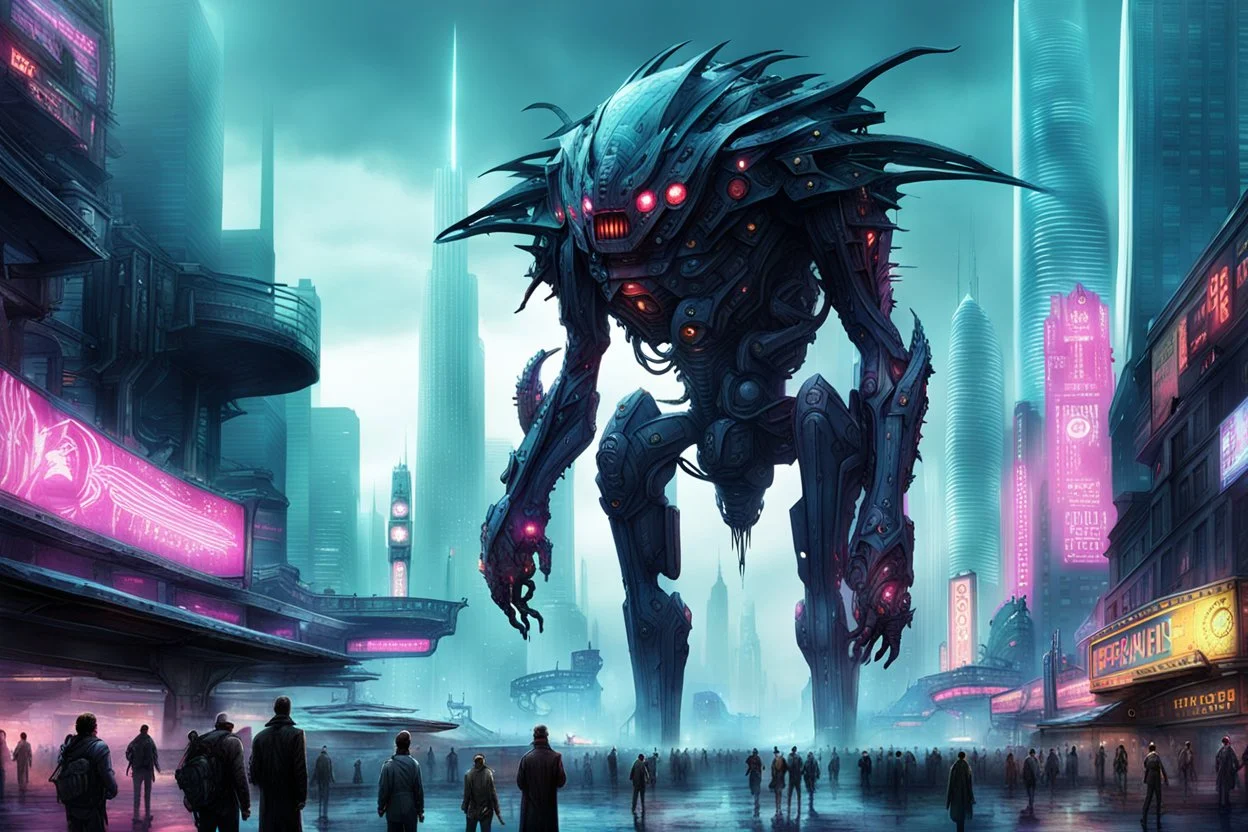 cities of the future cyberpunk in the center of the monster stands on its hind legs