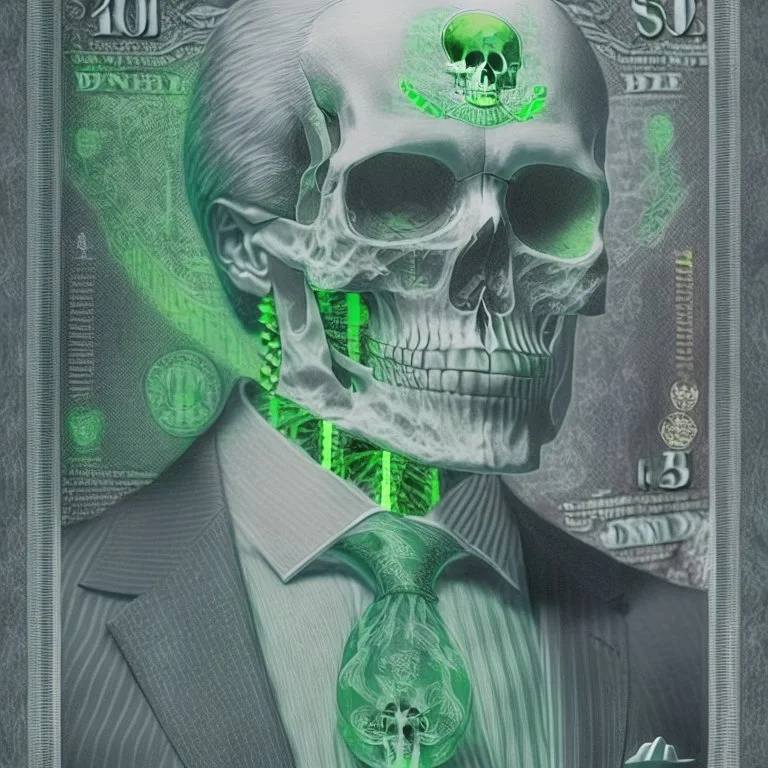 a head and shoulders portrait of a skeleton dressed in a three-piece suit as the president of the united states, based on us currency, united states one dollar bill, shades of green, real-life, colors match the united states one dollar bill, realistic, robotic, black and white