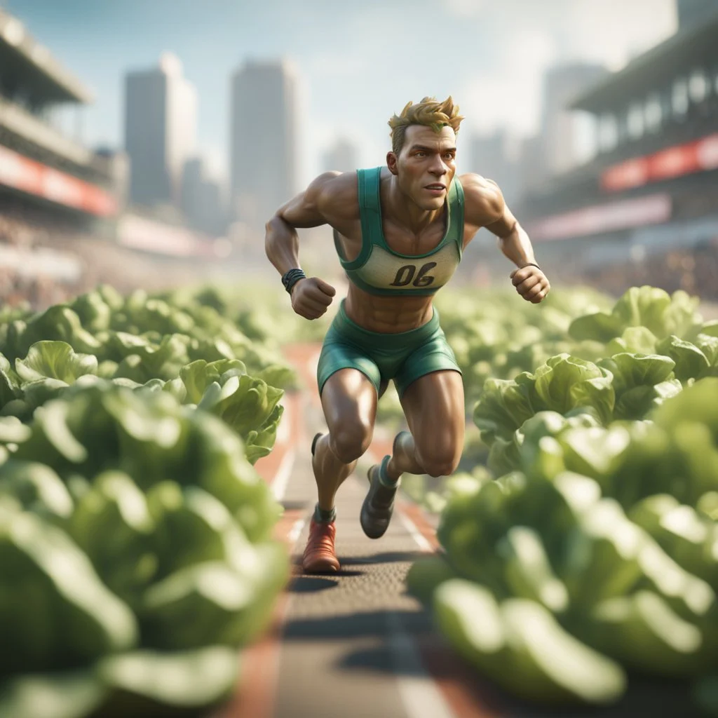 100 m championship running on lettuce, in the style of a fallout 4,bokeh like f/0.8, tilt-shift lens 8k, high detail, smooth render, down-light, unreal engine, prize winning