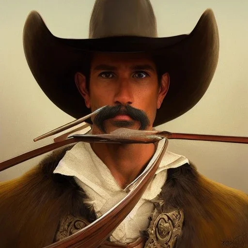 portrait,"Insanely detailed photograph of a male western mustachioed crossbowman", charo detailed, sequenced Sombrero, detailed D20 flair, digital painting, artstation, concept art, smooth, sharp focus, illustration, art by artgerm and greg rutkowski and alphonse mucha, 8 k,fantasy, unreal engine