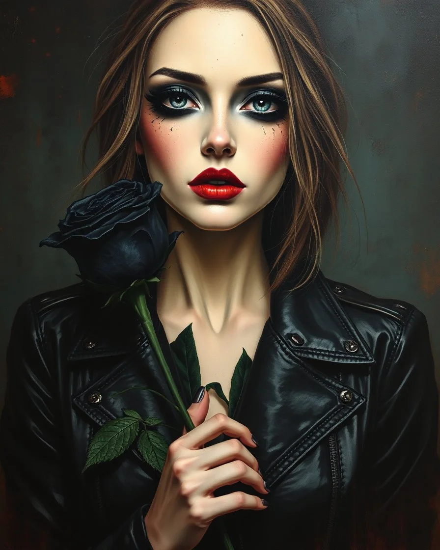 painting of a woman gothic style make up and leather jacket holding a black rose , surrealist painting, surrealist artwork, emotional bsurrealist art, abstract surrealist, a surrealist painting, surrealist art , abstract surrealism, abstract surrealism masterpiece, surreal painting, contemporary surrealism, magically shaped surrealism