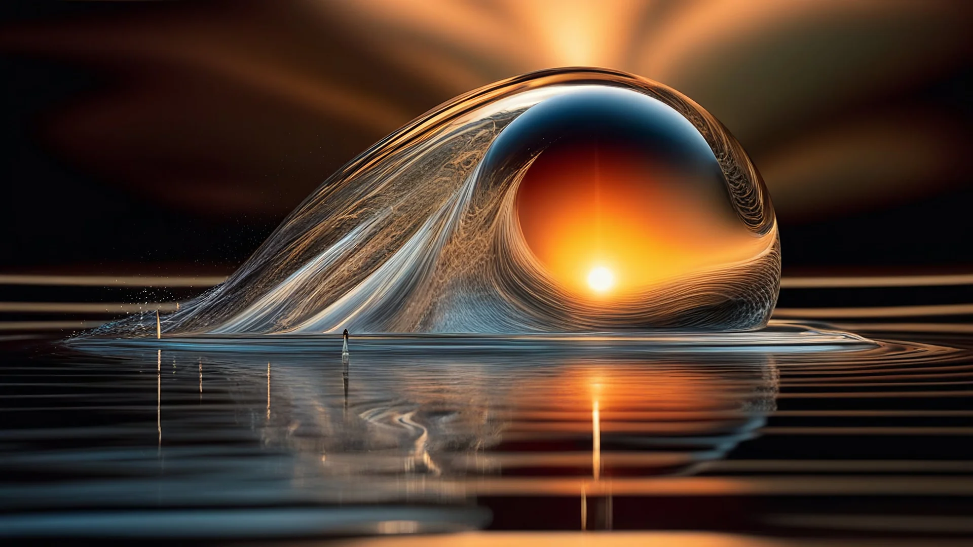 Exciting photograph that works like an escape from the world, and works as a world to escape to, dreams of vintage composition, extreme 3D water drop art of a hyper surrealism, abstract, lines speed lines motion blur, geometric path, lines of force, flux, beautiful, mysterious, scintillating, fluid