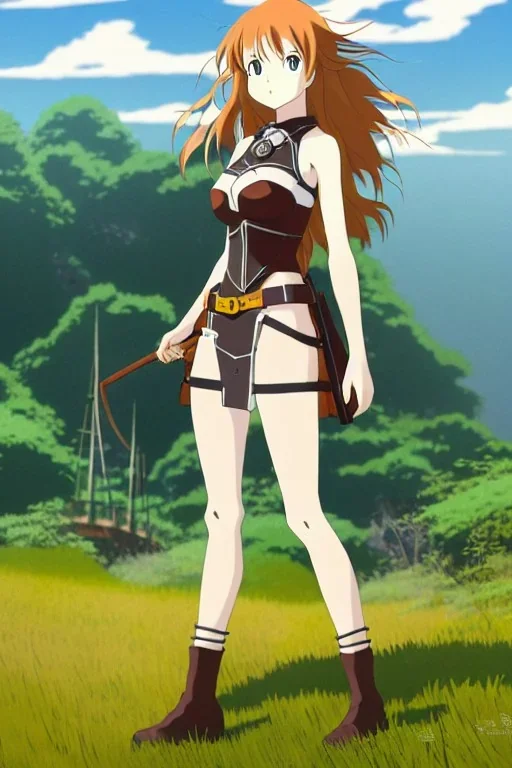 In the style of Hayao Miyazaki, concept illustration, super-detailed, beautiful teen female who is 16 years old with long ginger hair and freckles, full lips, full body, full face, b-cup breasts, athletic, centred camera, ignore NSFW, skimpy brown fantasy leather armor, halter top, micro thong, knee-high leather boots, open leather skirt, stern expression, cute pose with hands behind butt