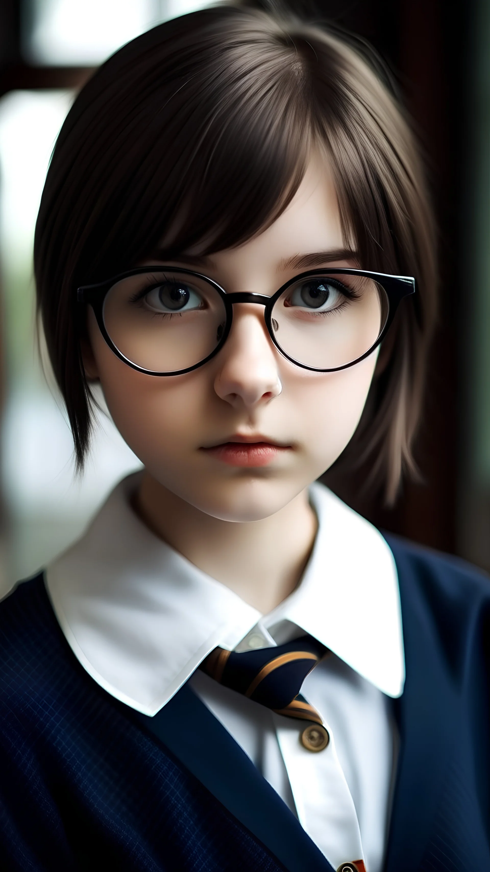 beautiful schoolgirl 17 years old with glasses, brunette, short hair, in school uniform