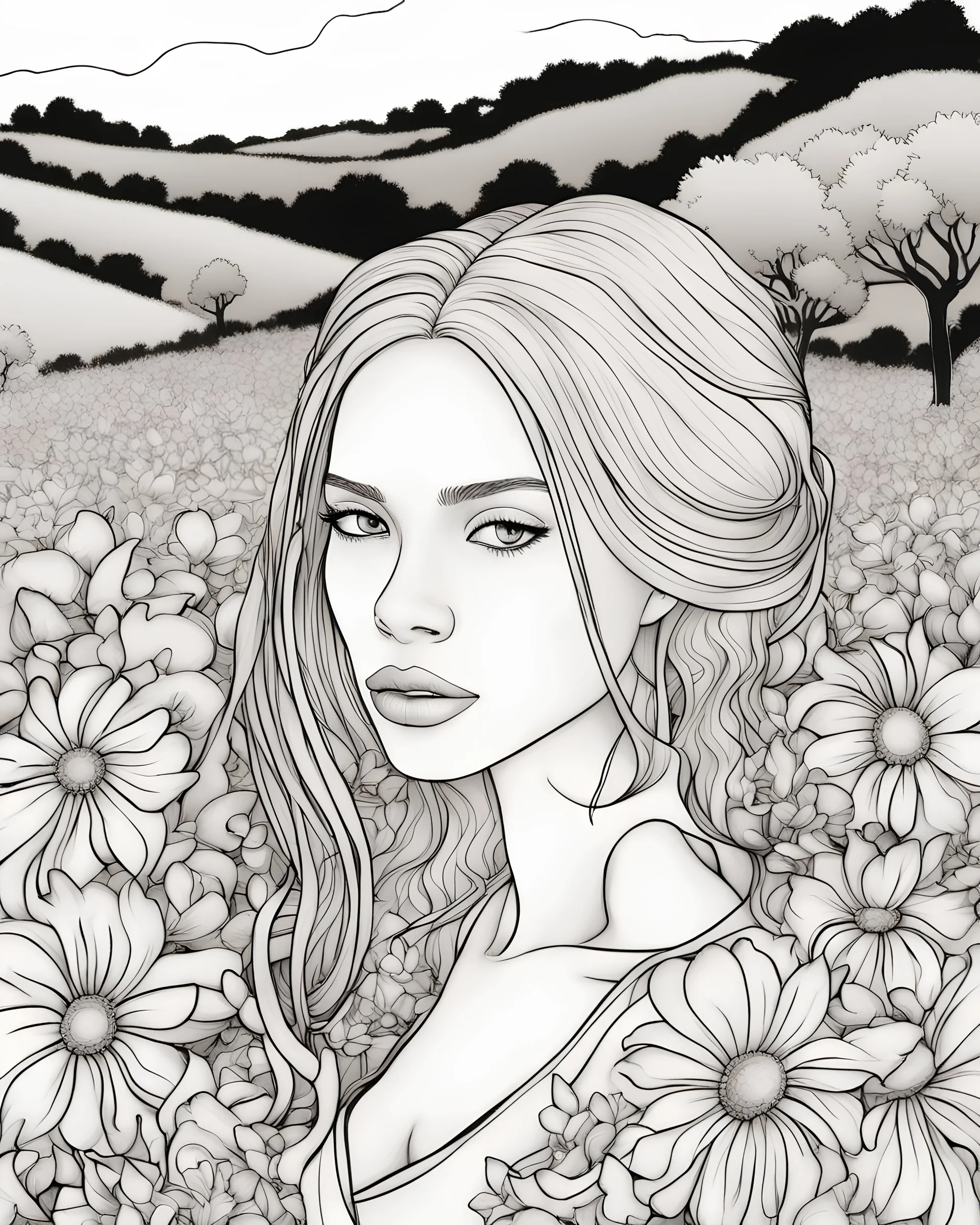 a coloring page in the outline ink style: the close-up face of an adult african girl with blond long hair surrounded by flowers, leaning towards the viewer, with a natural landscape in the background. In the style of Tim Burton, black graphic outlines, without gradients, in a rough style