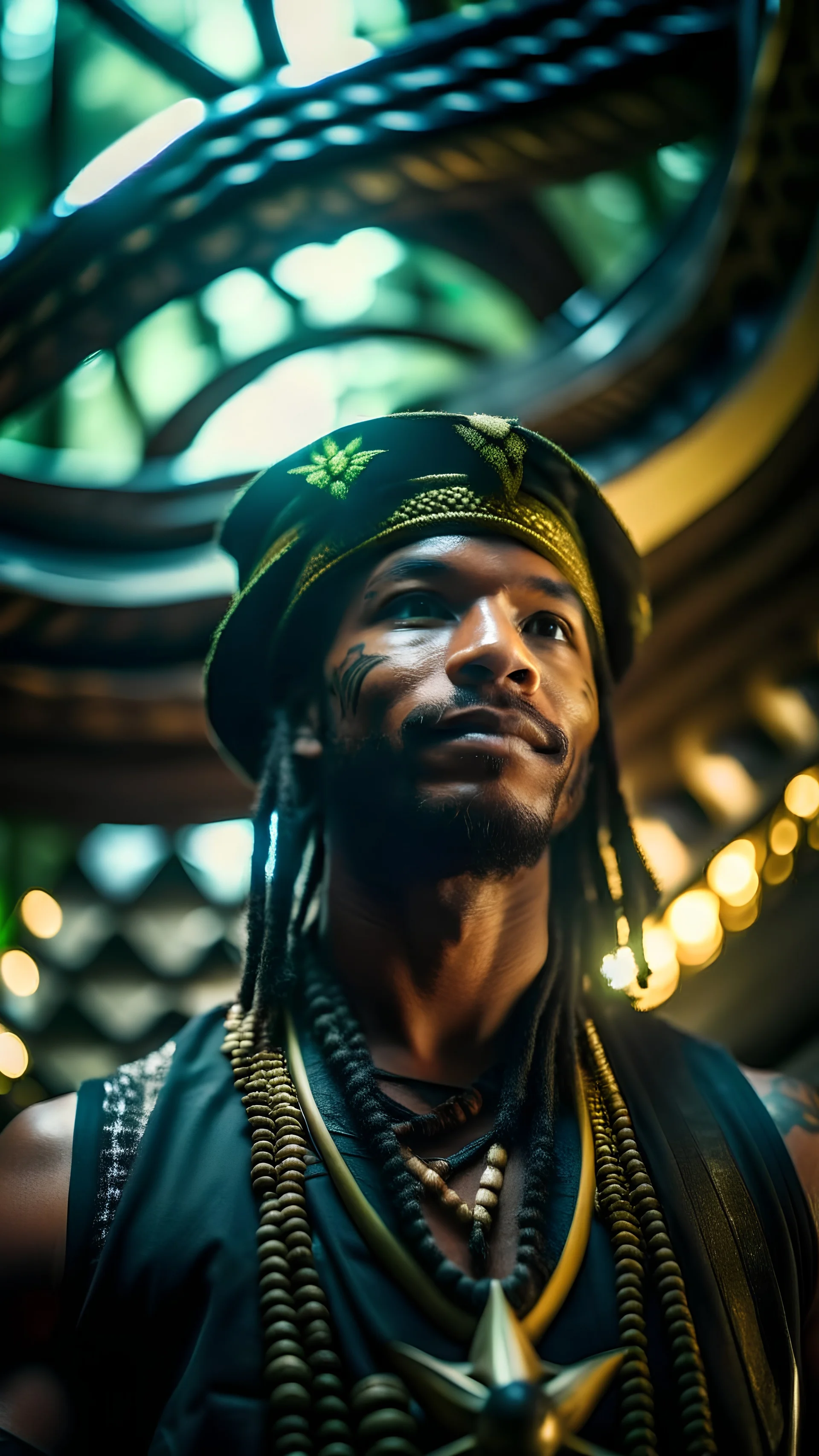 close up portrait of a happy blessed buffalo soldier standing on a throne in a space alien mega structure with stairs and bridges woven into a sacred geometry knitted tapestry in the middle of lush magic jungle forest, bokeh like f/0.8, tilt-shift lens 8k, high detail, smooth render, down-light, unreal engine, prize winning