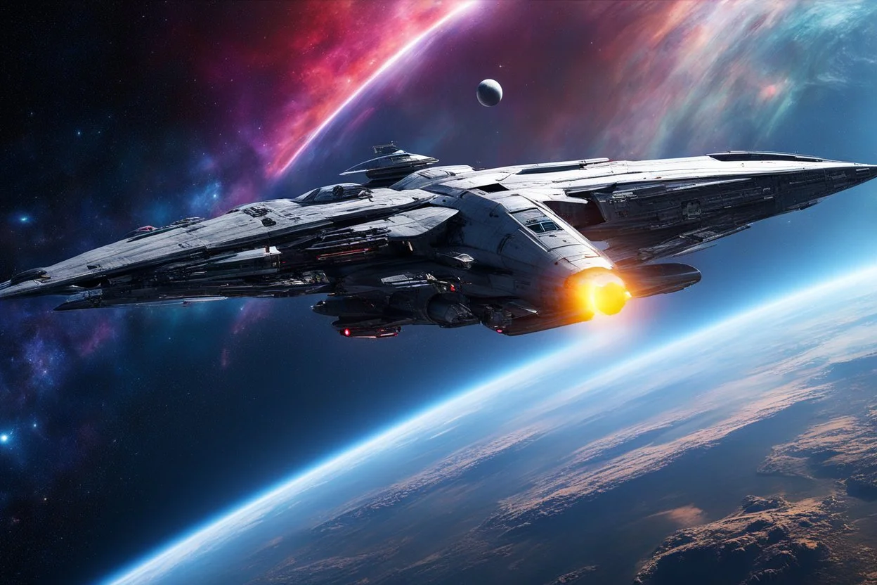 Sci-Fi in Movie Star wars style cinematic colors - High Details Photography Alien Jet Spaceship Futuristic - Spaceship Jet Modification Shaped Futuristic Alien Space ship - Best Shooting Best length Angle Photograph - DSLR Lens Camera,Flying Above on cosmic galaxy planets nebula aurora cinematic colors