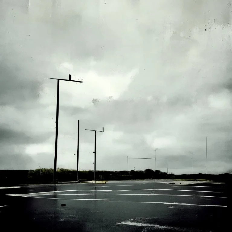 Minimal contemporary abstract oil paintings of desolate 1960s carpark with road markings and concrete fragments. Overlay with grungy typography graphics. style of Justin Mortimer and Francis Bacon.