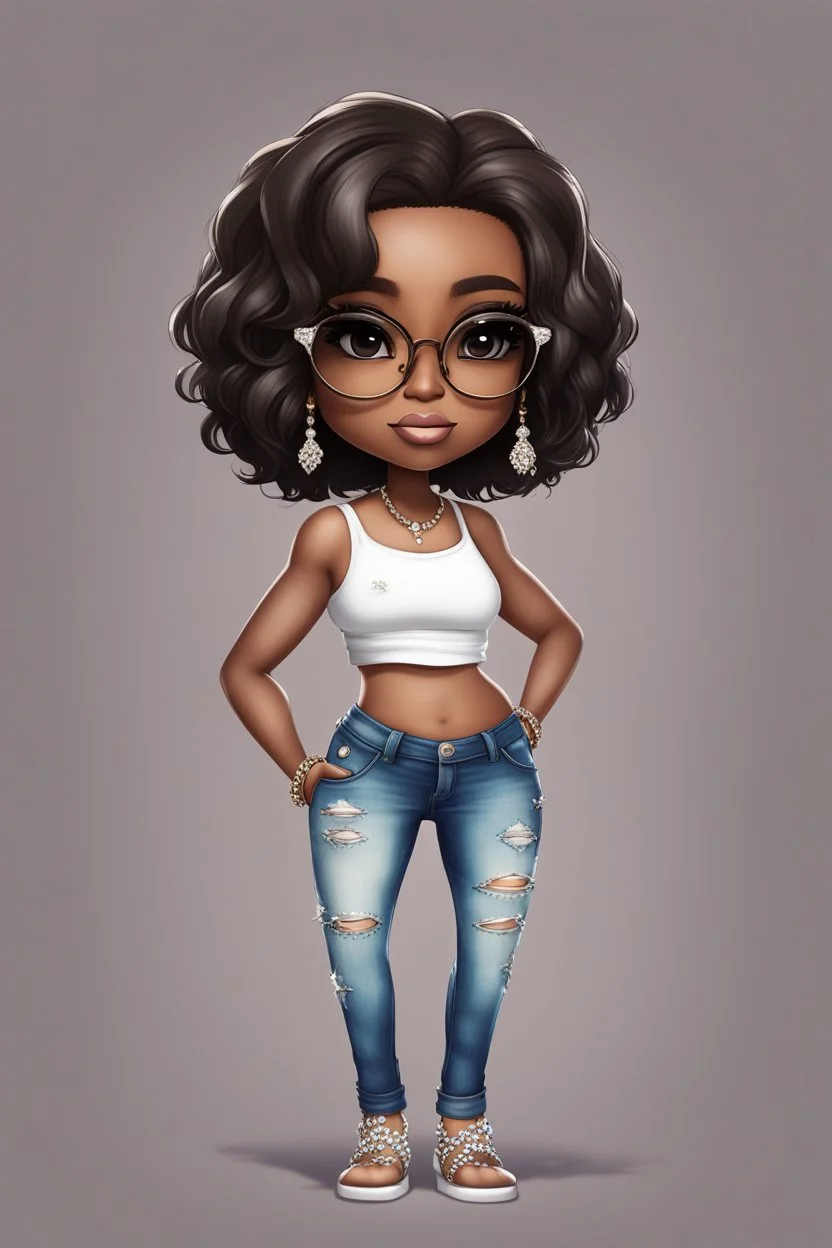 Create a whimsical chibi image of a black female with shoulder length BOB style hair, blsck silky and brown eyes. Long eye lashes wearing a torn jeans and tank top with diamond studded "pretty" on the front, sandals , plus size body style. Diamond studded glasses and hoop earrings forward facing, 2k, white background