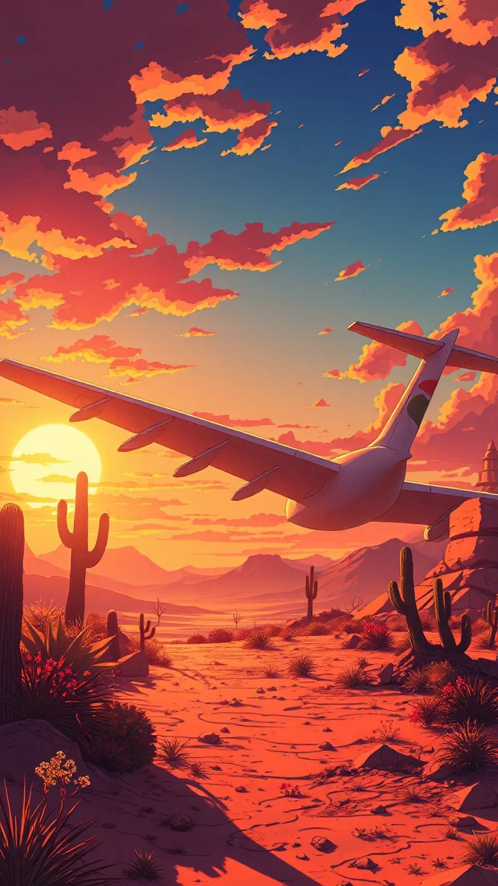 anime style, sunset, desert garden, an airplane crashed on the ground broken wing ,cinematic view