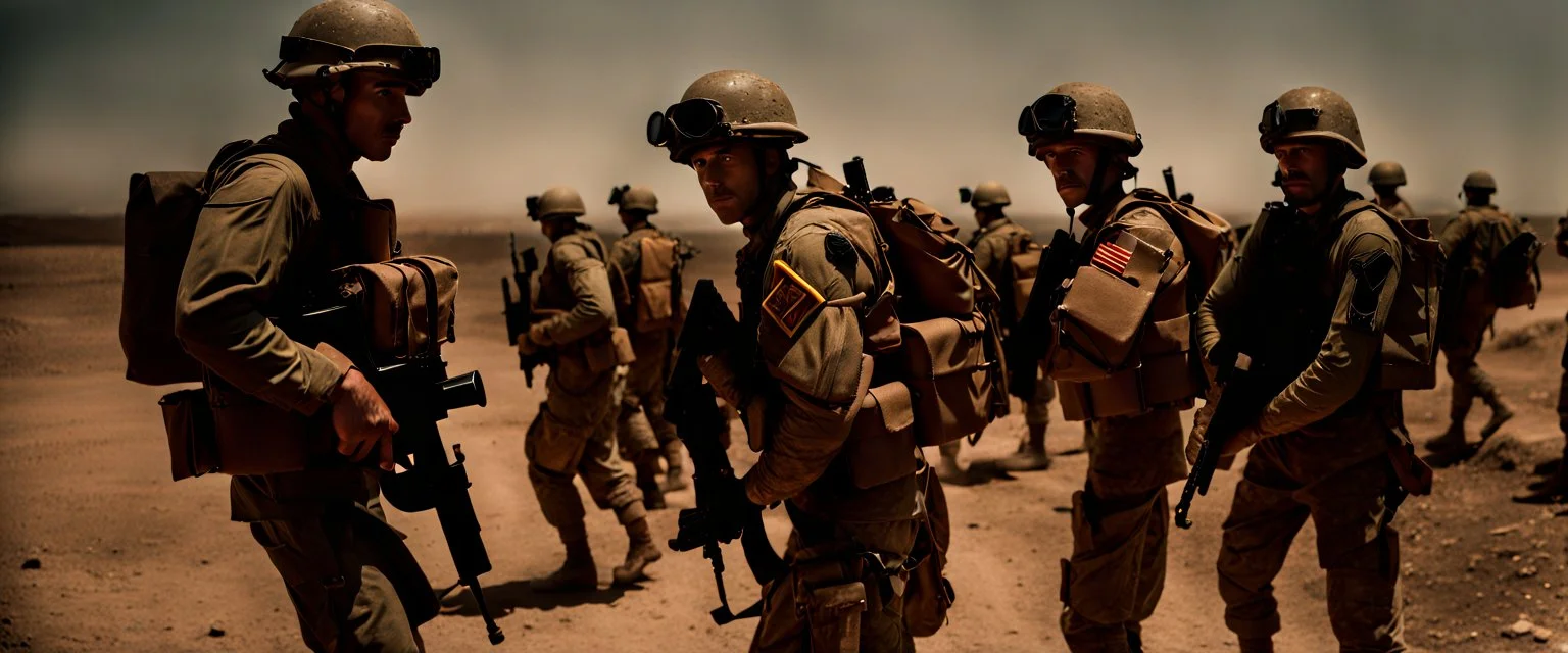 War Film but instead of U.S.A. soldiers it's McDonalds soldiers, cinematic, Fuji Film, Anamorphic lens, 2040s, deep depth of field, WW3 film