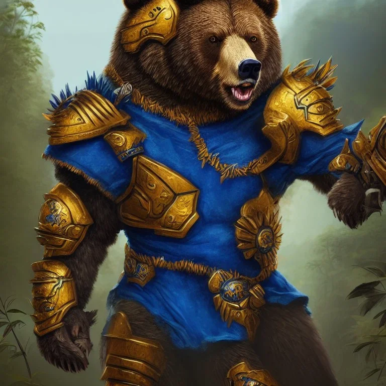 An angry bear warrior in blue and gold armor, background of Inka jungle, high detail, smooth, realistic, digital illustration, Artstation, artgerm,