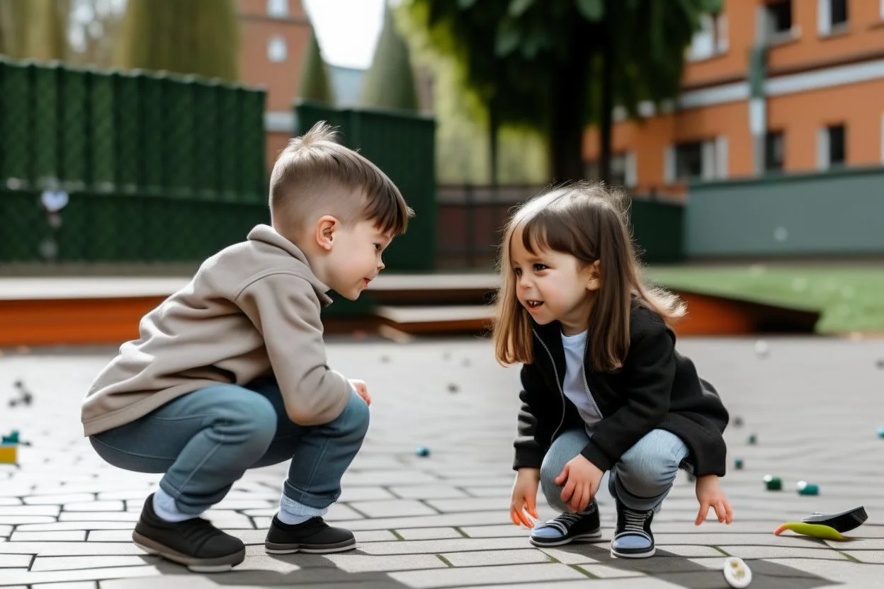 Un niño y una niña jugando en el patio de un colegio